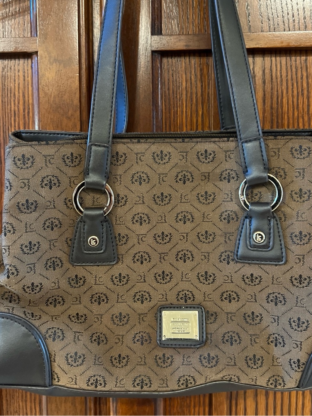 Liz Claiborne Monogram Shoulder Bag Brown Canvas Tote Purse Faux Leather Trim